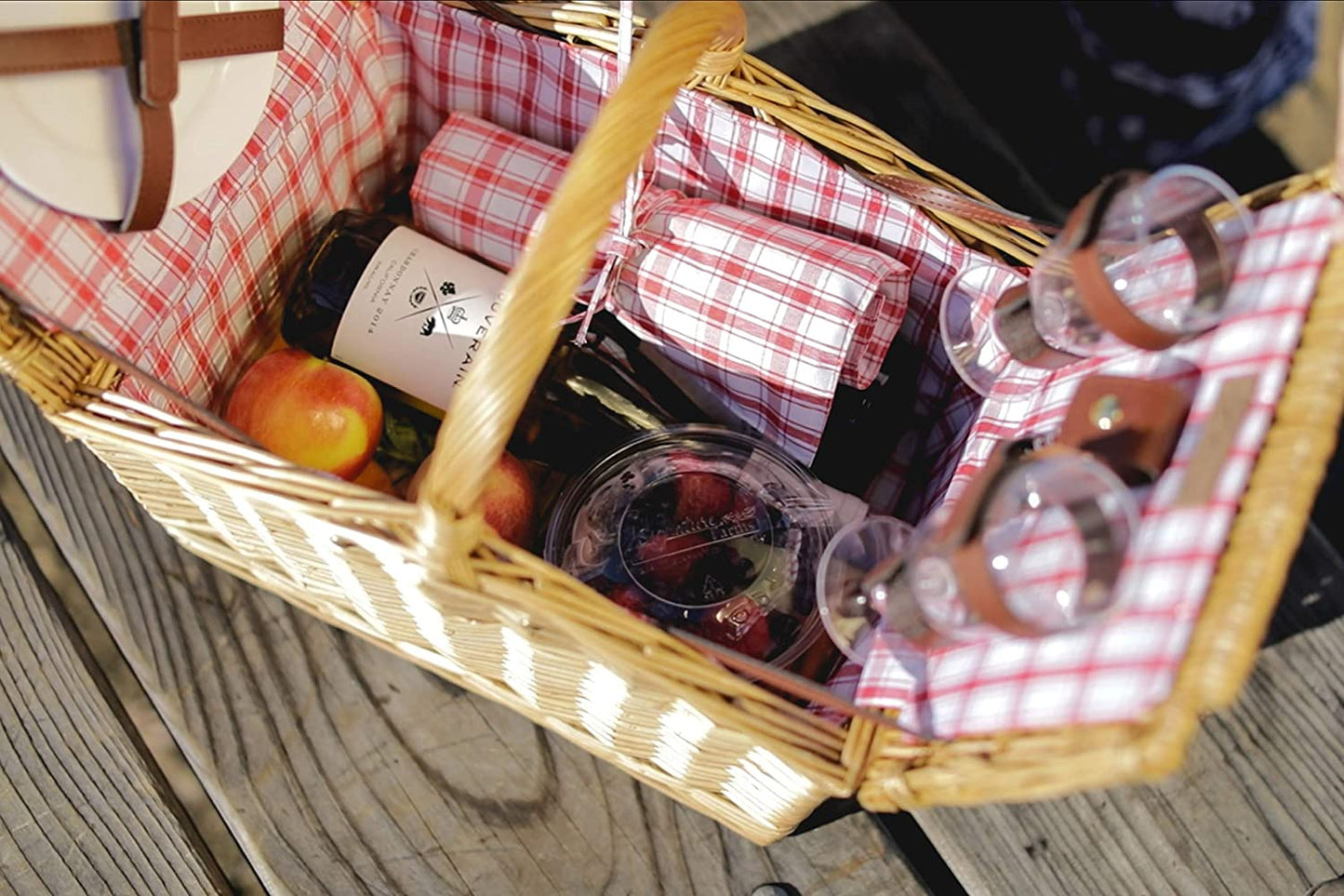 Piccadilly Picnic Basket - Romantic Picnic Basket for 2 with Picnic Set, (Red & White Plaid Pattern)